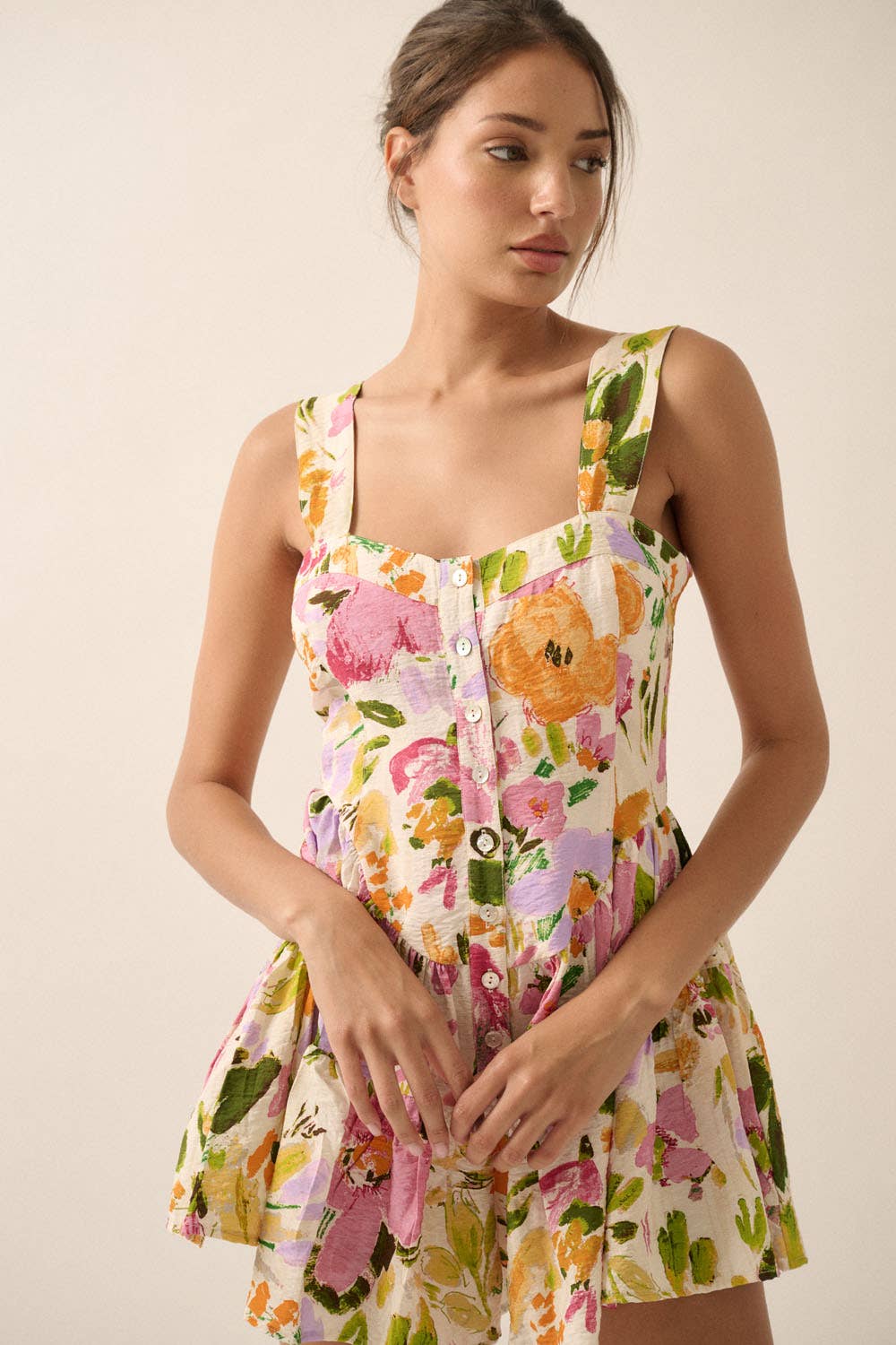 Textured Floral Fit-and-Flare Mini Romper Dress