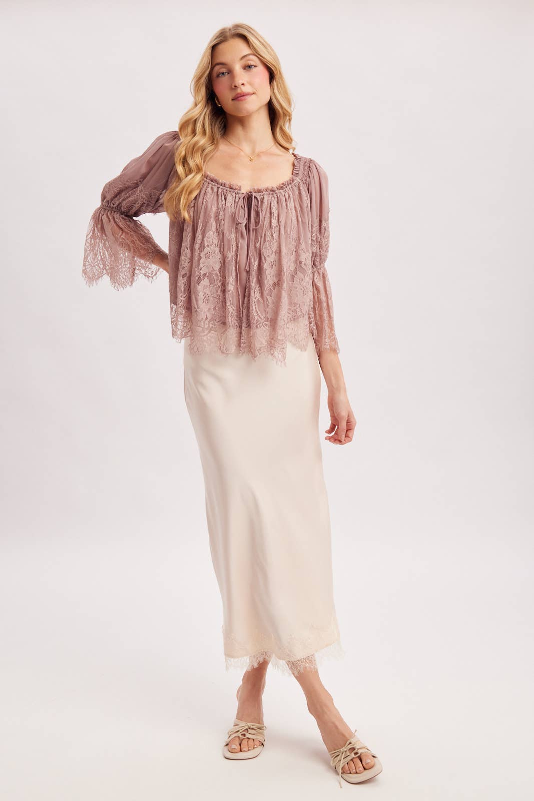 WIDE NECK RUFFLED EYELASH LACE BLOUSE