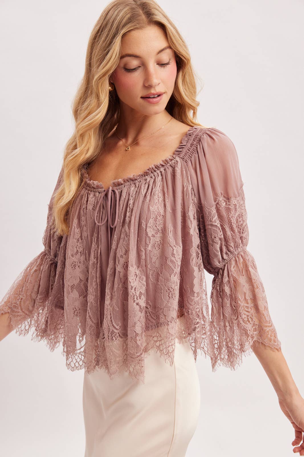 WIDE NECK RUFFLED EYELASH LACE BLOUSE