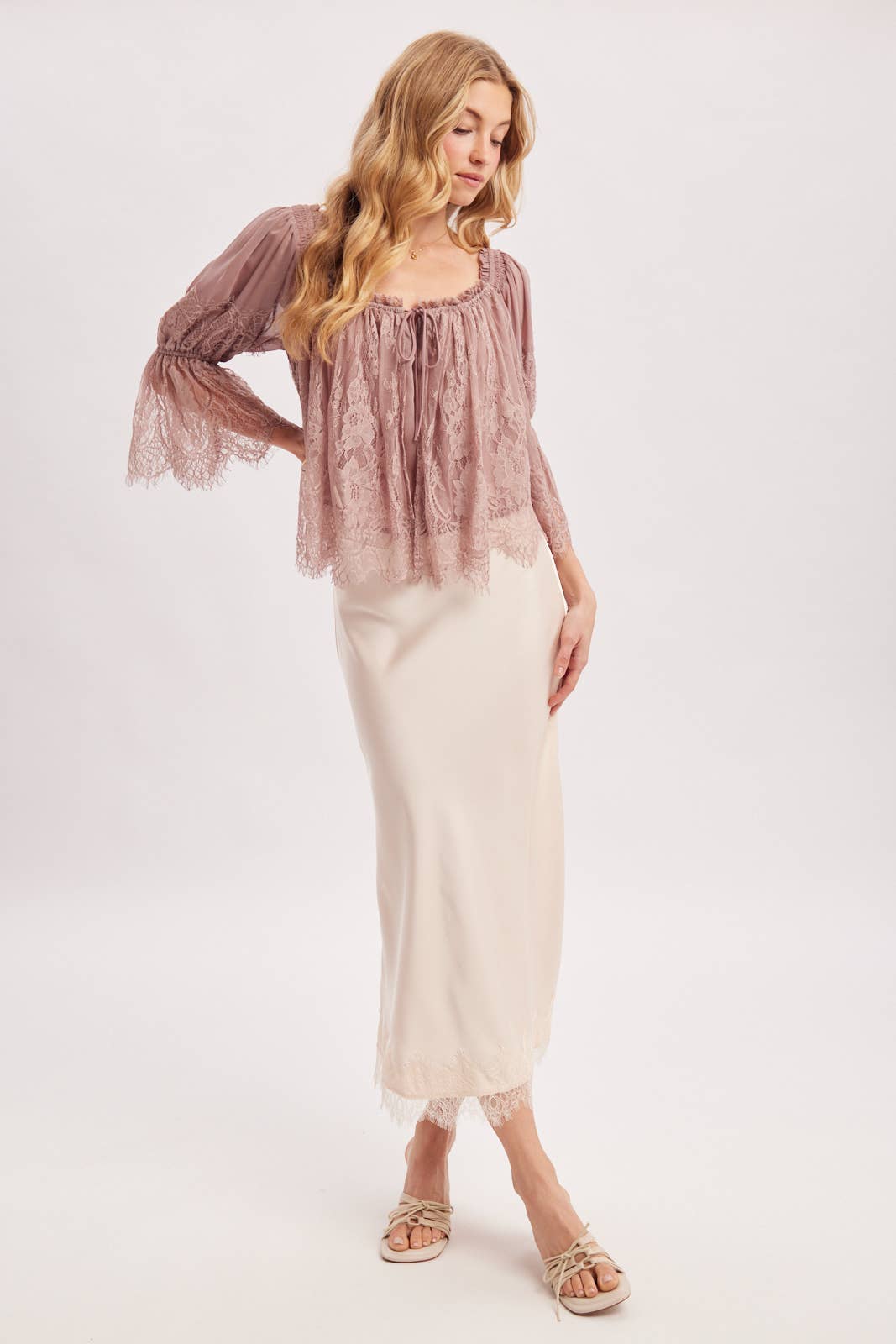 WIDE NECK RUFFLED EYELASH LACE BLOUSE