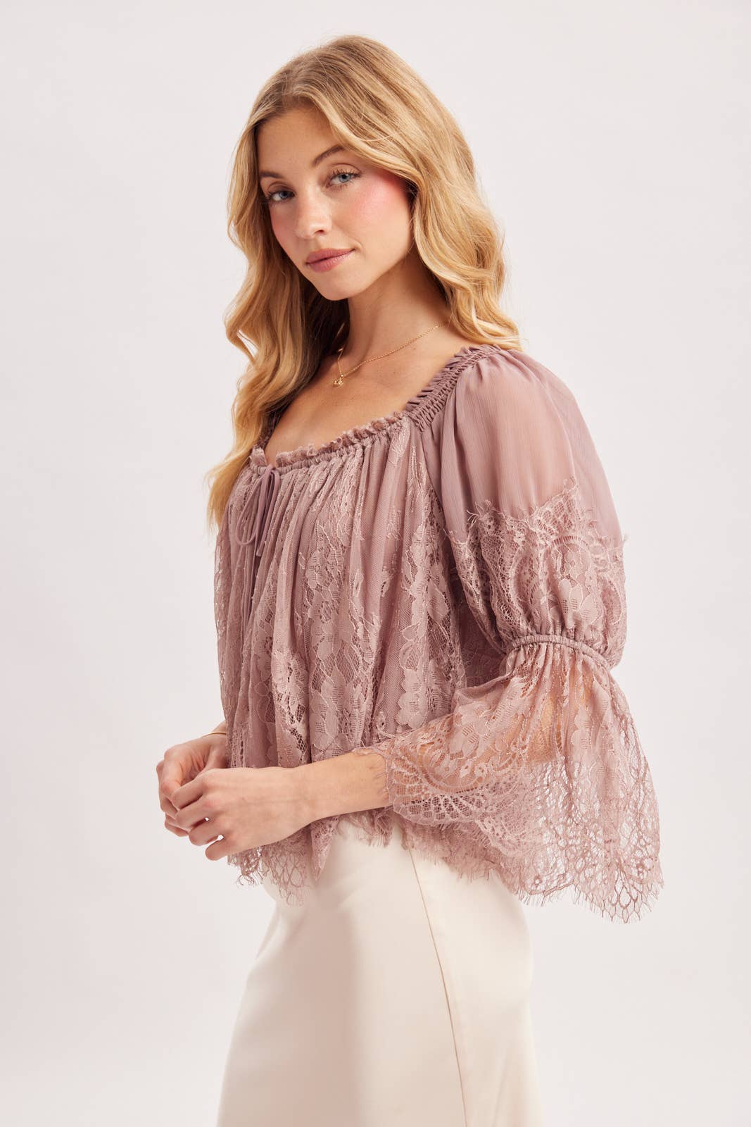 WIDE NECK RUFFLED EYELASH LACE BLOUSE