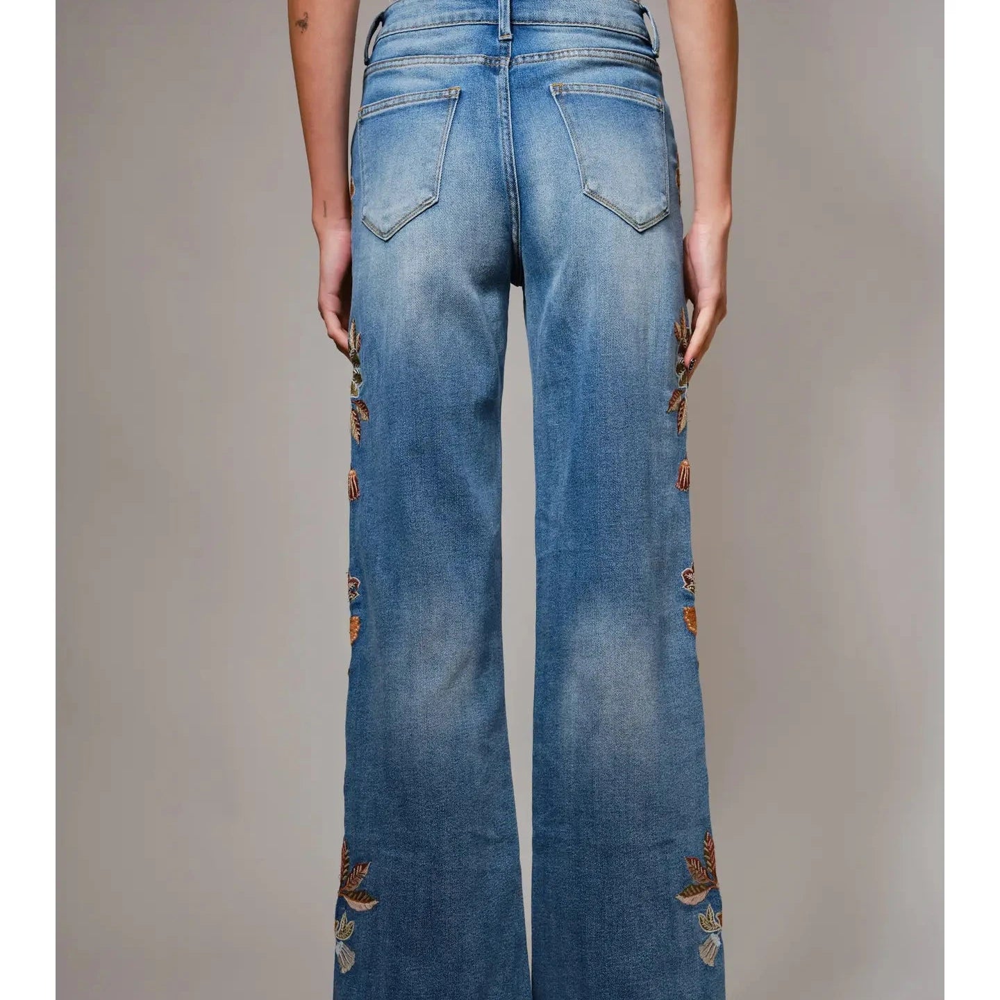 Flower Embroidery High Waist Flare Jean