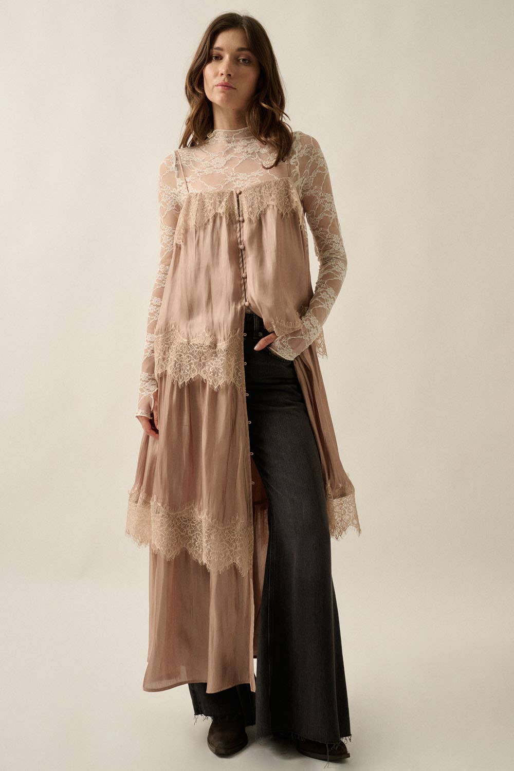 Shimmer Chiffon Lace-Trim Tiered Buttoned Maxi Slip Dress