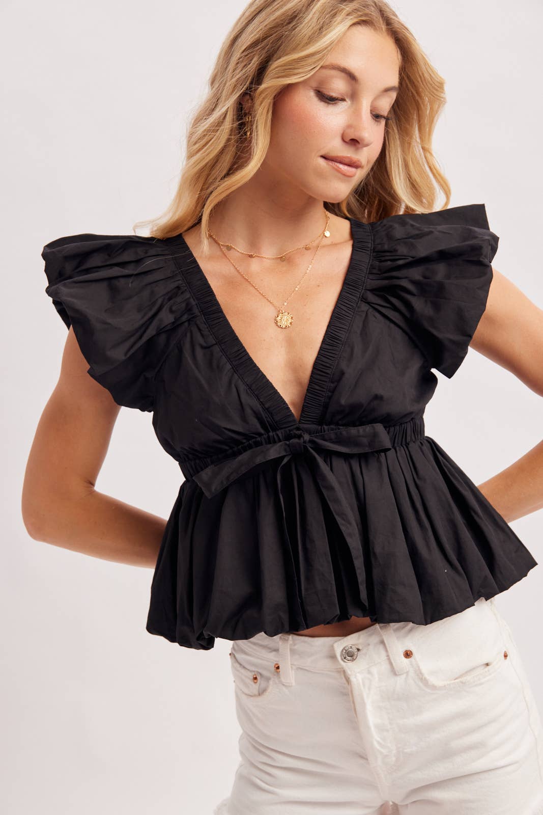 Deep V-Neck Ribbon Front Pleated Peplum Blouse