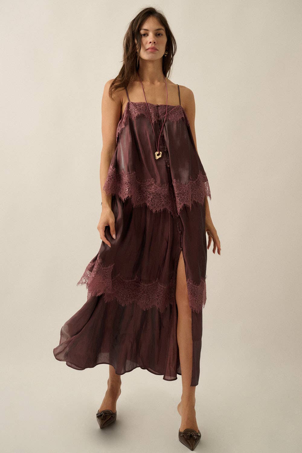 Shimmer Chiffon Lace-Trim Tiered Buttoned Maxi Slip Dress
