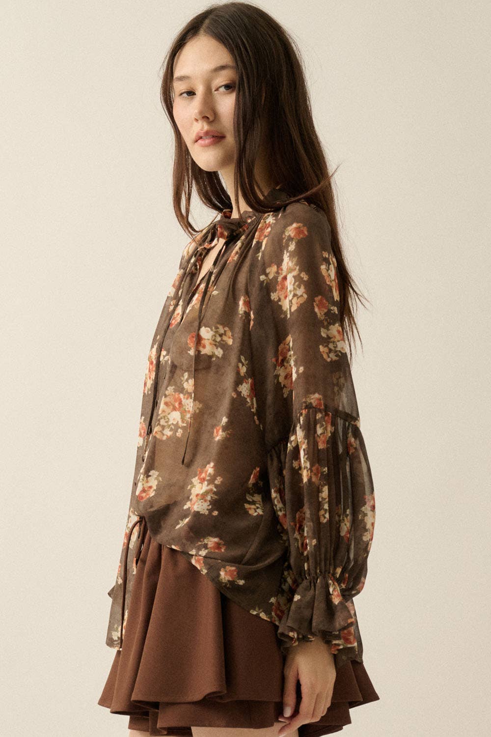 Sheer Floral Chiffon Lantern-Sleeve Button-Front Top