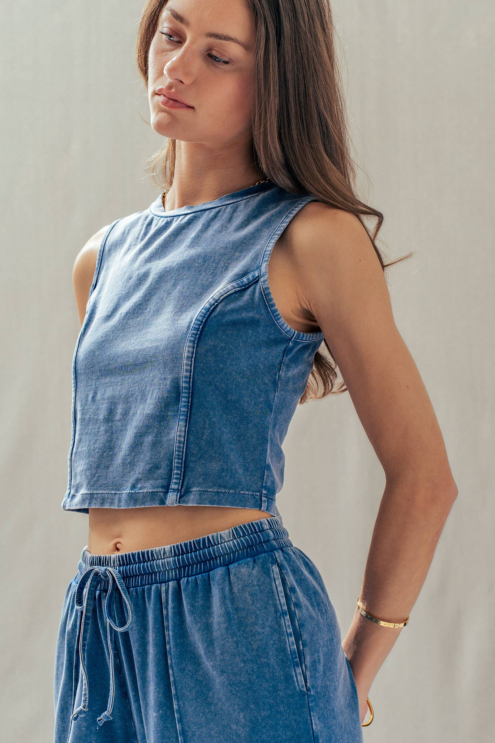 Mineral Wash Cotton Crop Tank & Wide Leg Pant Set