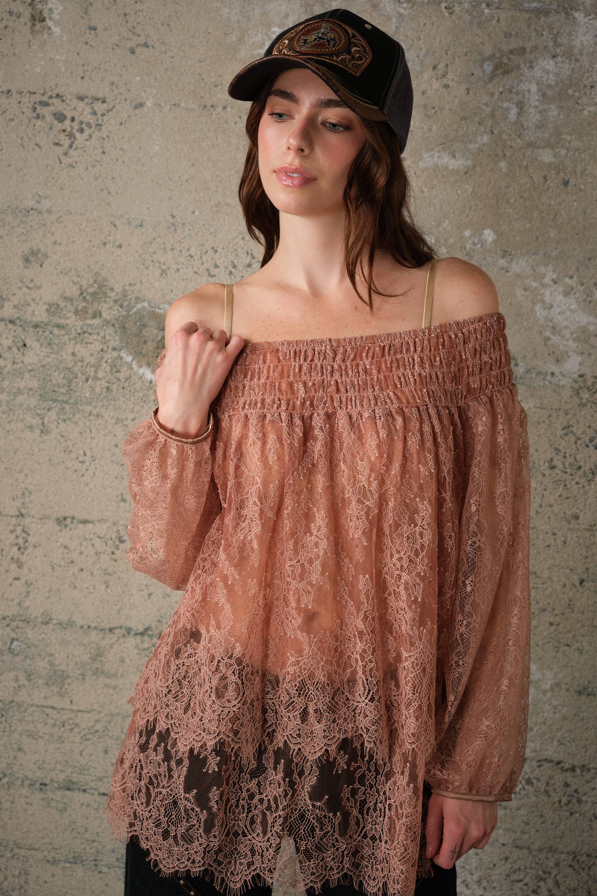 Off Shoulder Sheer Lace Blouse