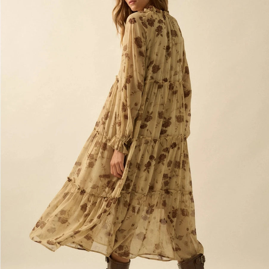 Floral Tiered Ruffle Midi Prairie Dress