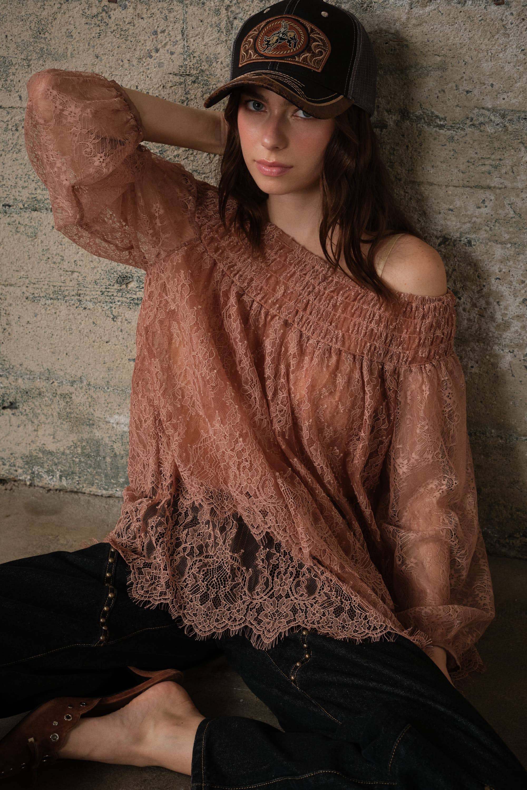 Off Shoulder Sheer Lace Blouse