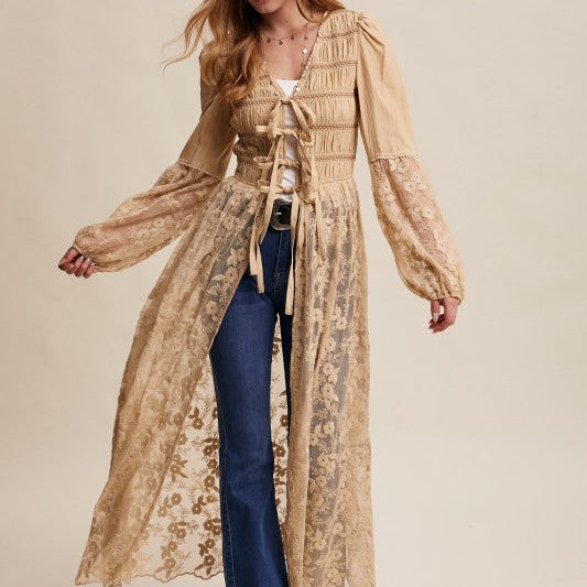 Embroidered Lace Maxi Kimono - Boho Chic Western Style