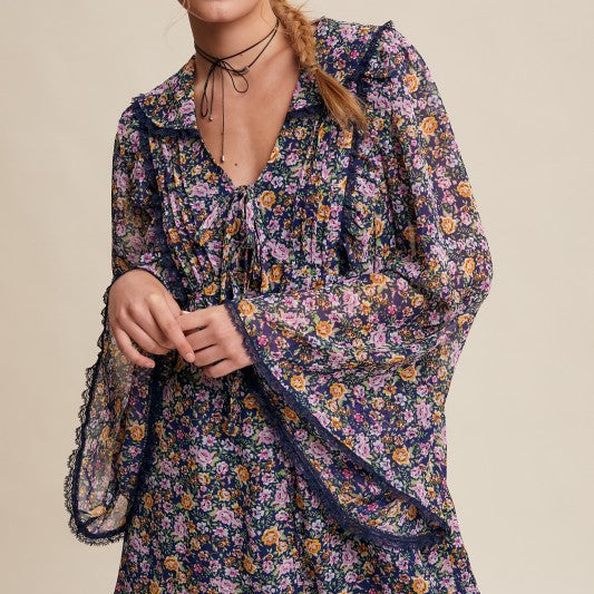 Sheer Floral Chiffon Bell Sleeve Boho Blouse
