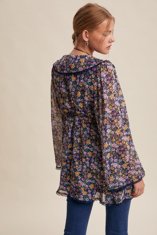 Sheer Floral Chiffon Bell Sleeve Boho Blouse