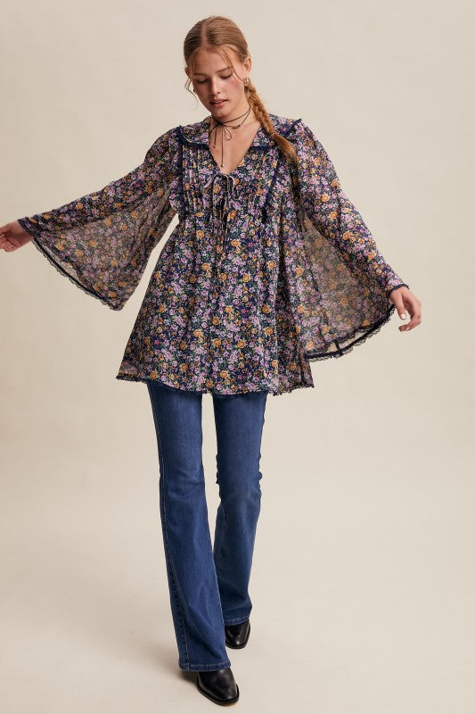 Sheer Floral Chiffon Bell Sleeve Boho Blouse
