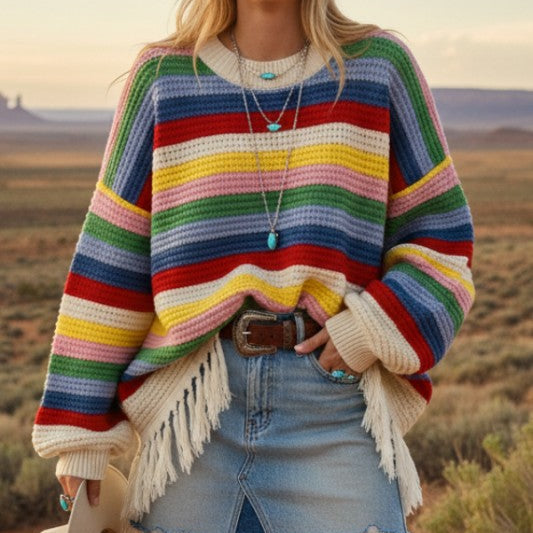 Western Fringed Rainbow Knit Sweater