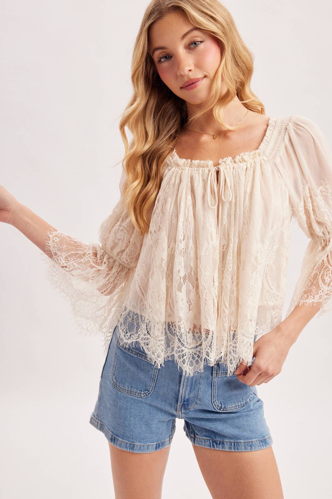 WIDE NECK RUFFLED EYELASH LACE BLOUSE