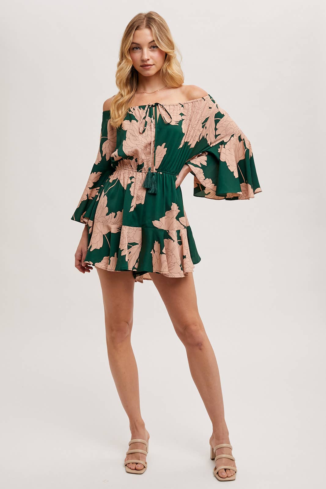 Floral Print Off-the-Shoulder Bell Sleeved Romper