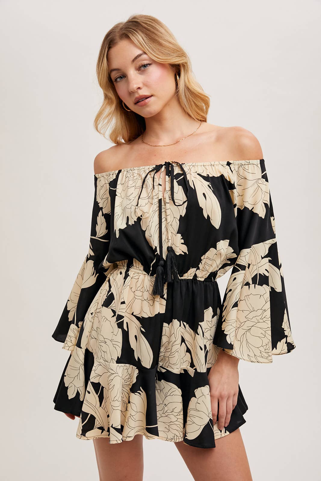 Floral Print Off-the-Shoulder Bell Sleeved Romper