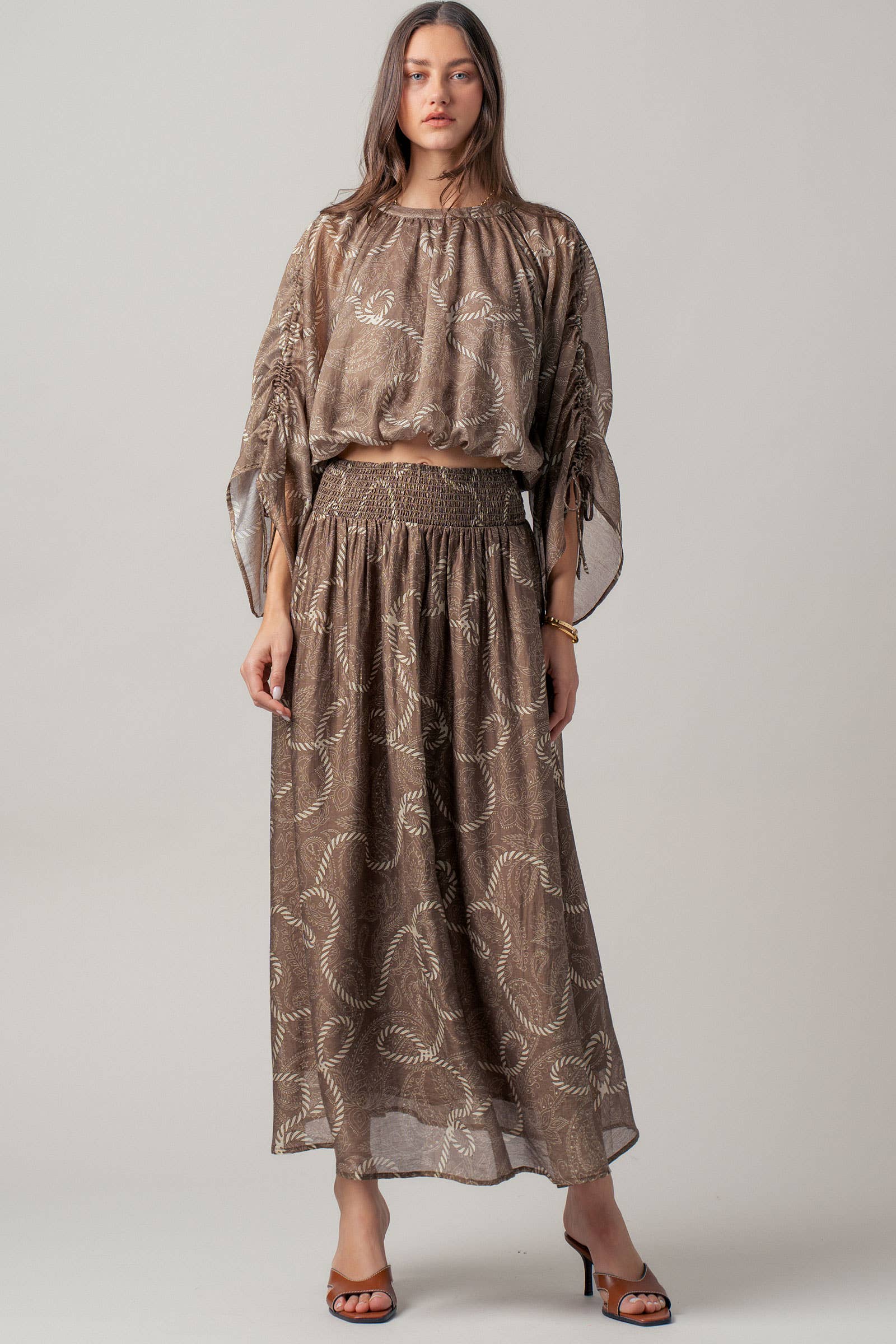 Rope Print Ruched Sleeve Blouse