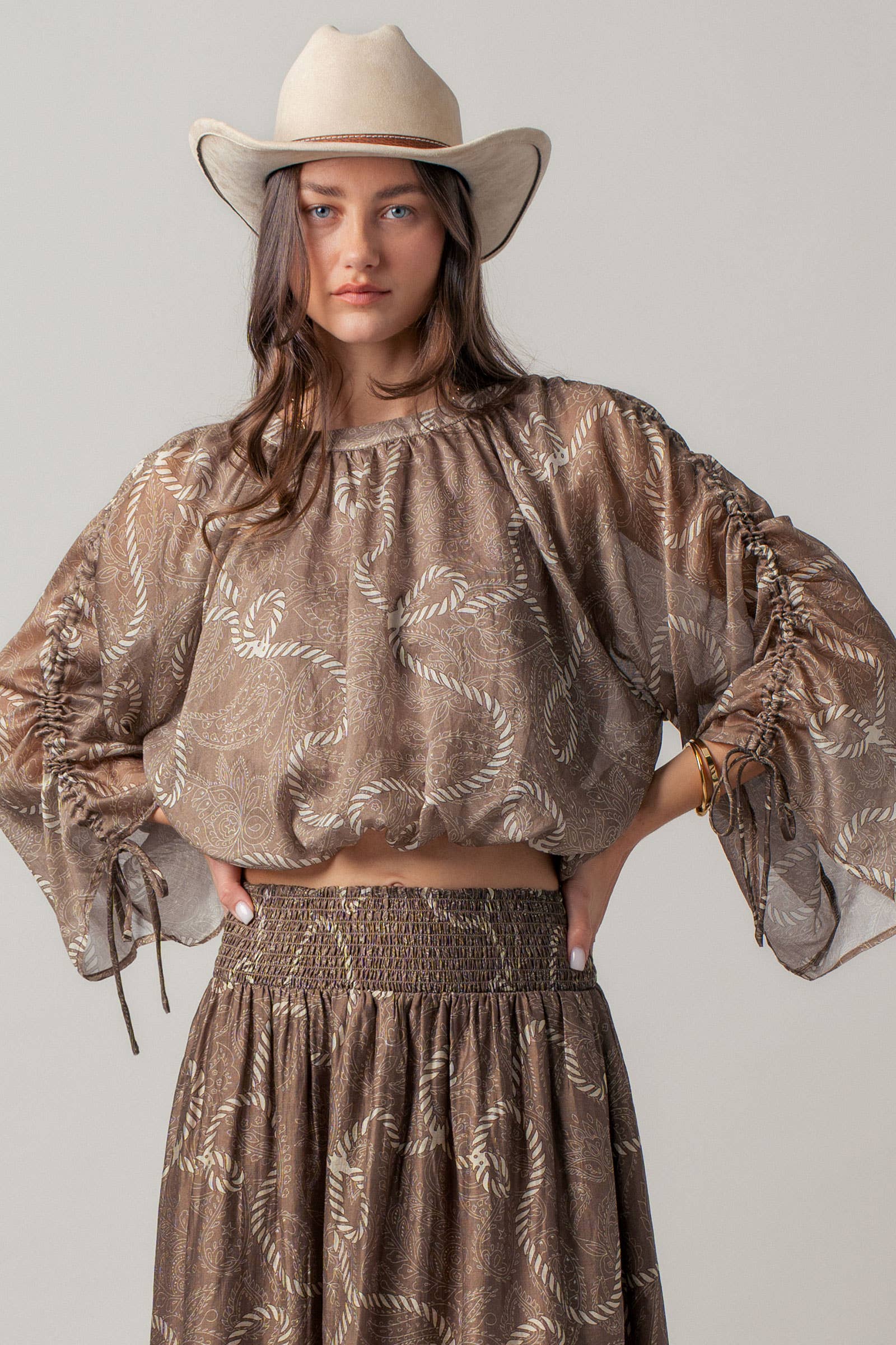 Rope Print Ruched Sleeve Blouse