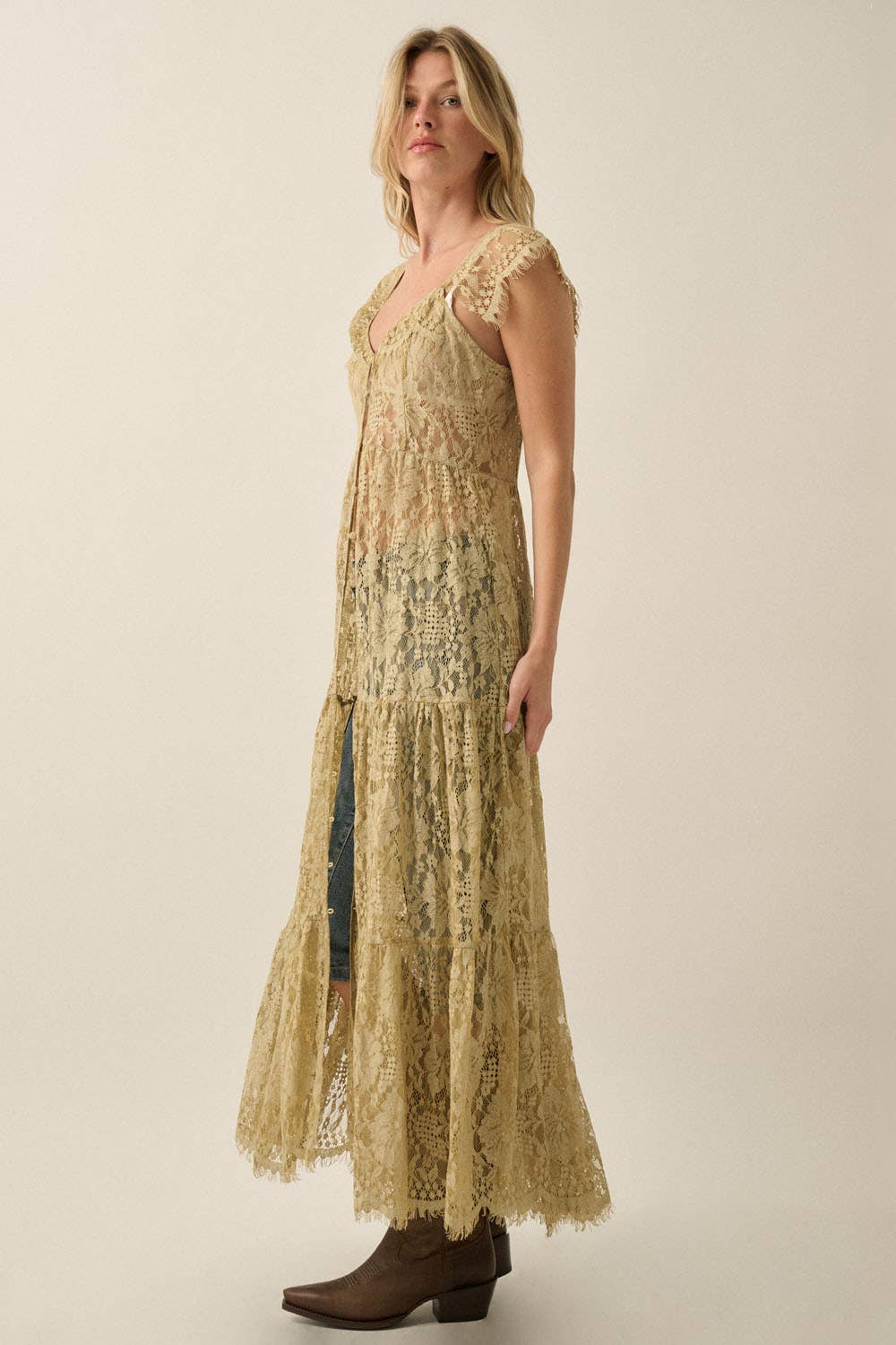 Sheer Floral Lace Button-Front Tiered-Ruffle Maxi Top