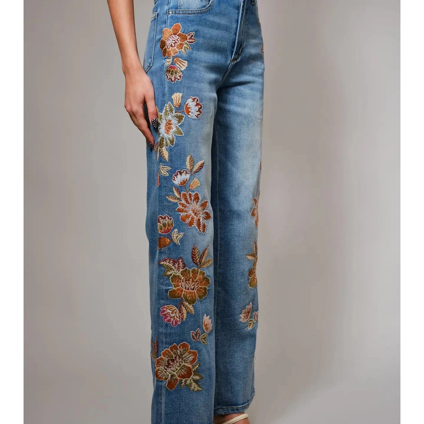 Flower Embroidery High Waist Flare Jean