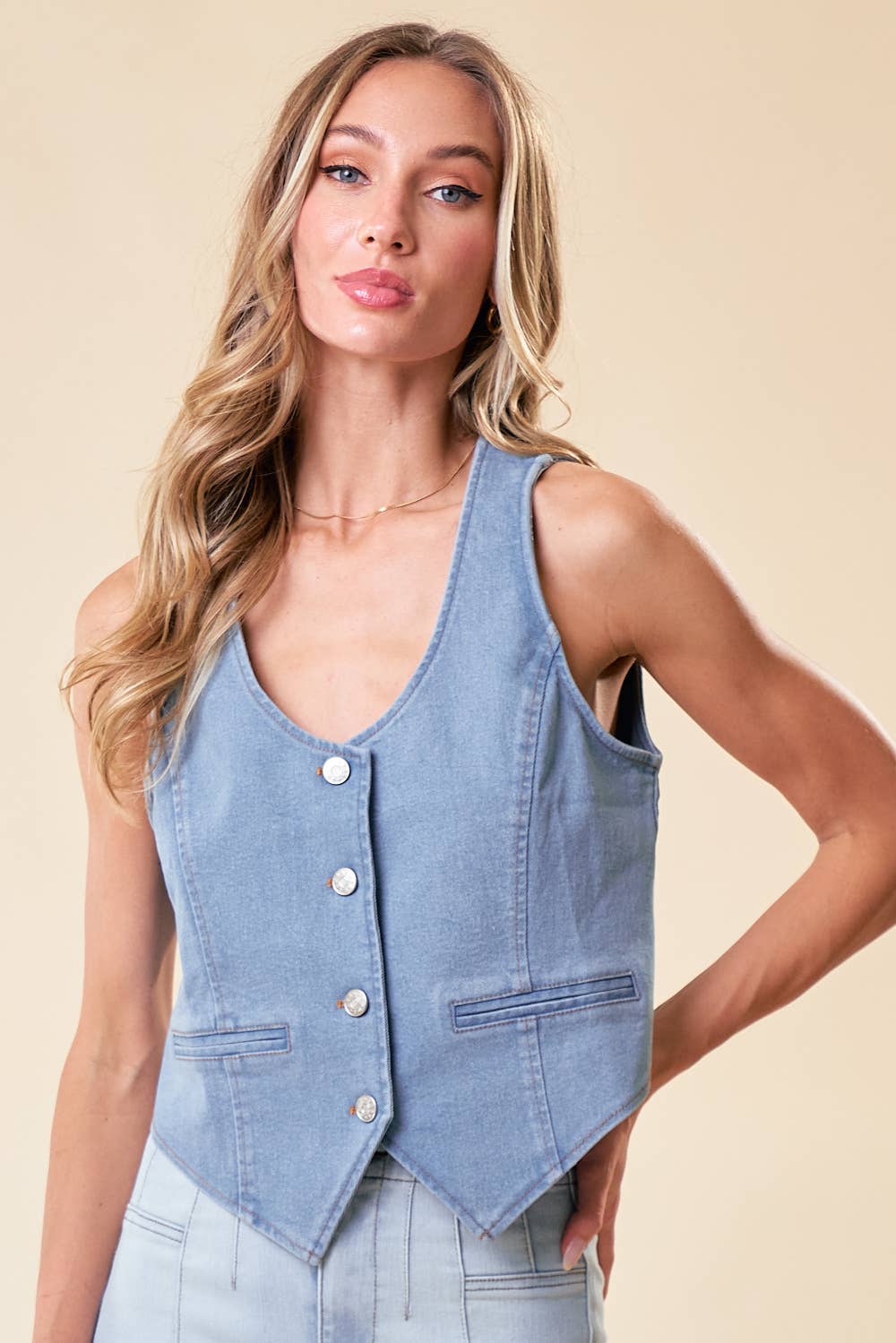 Light Wash Button-Down Denim Vest