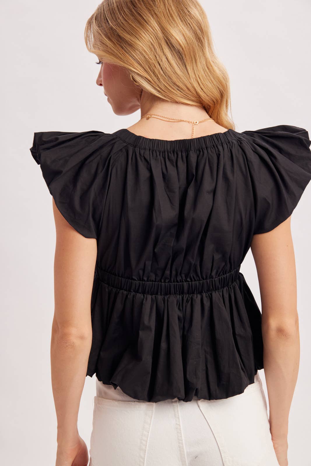 Deep V-Neck Ribbon Front Pleated Peplum Blouse