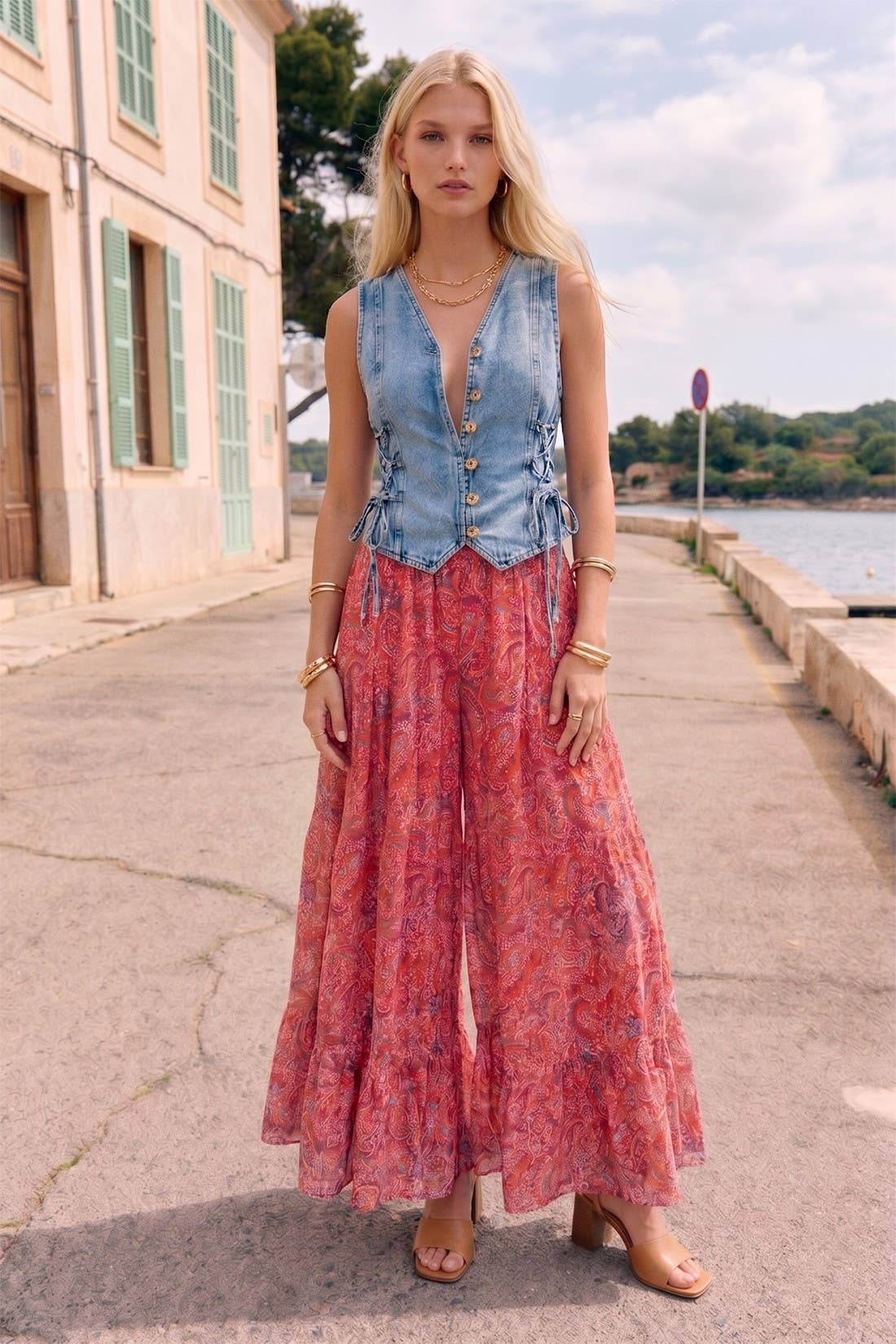 Lurex Boho Floral Printed Ruffled Palazzo Pants
