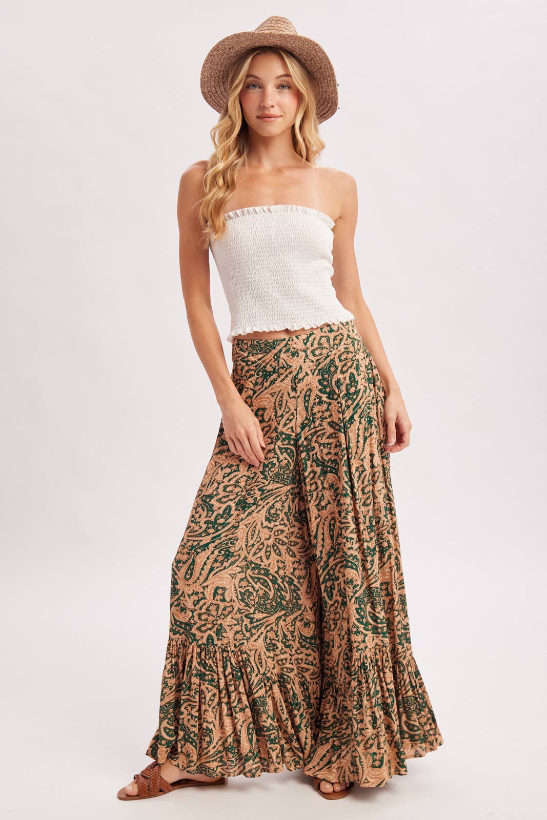 PAISLEY PRINT WIDE RUFFLED PANTS