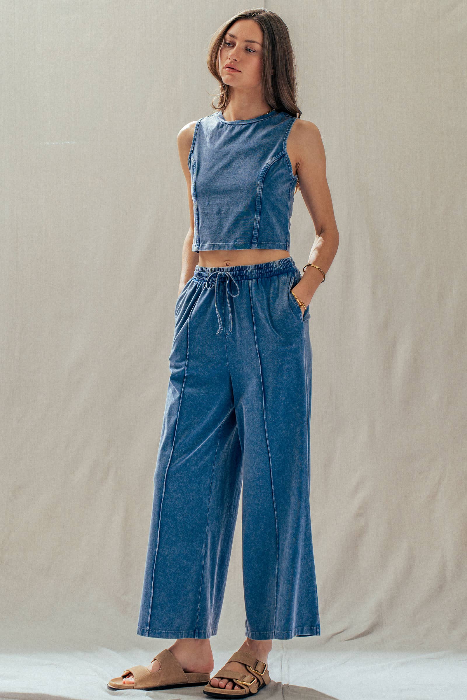 Mineral Wash Cotton Crop Tank & Wide Leg Pant Set