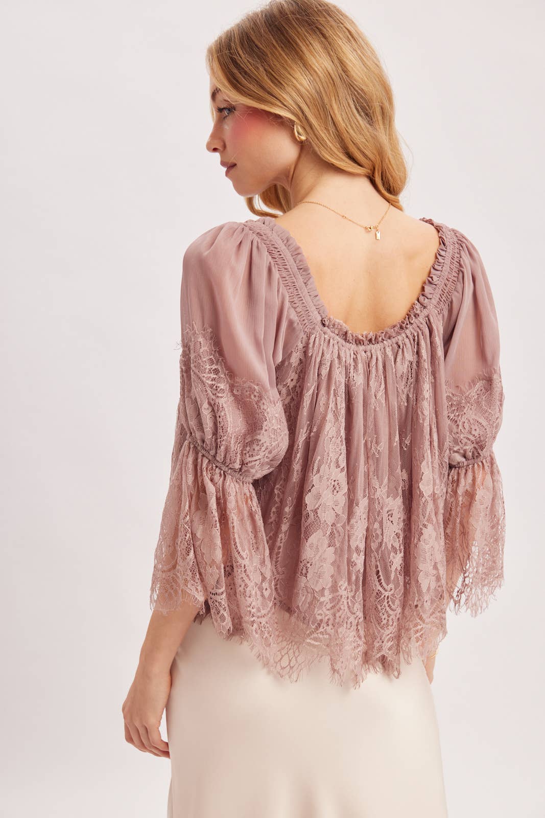 WIDE NECK RUFFLED EYELASH LACE BLOUSE