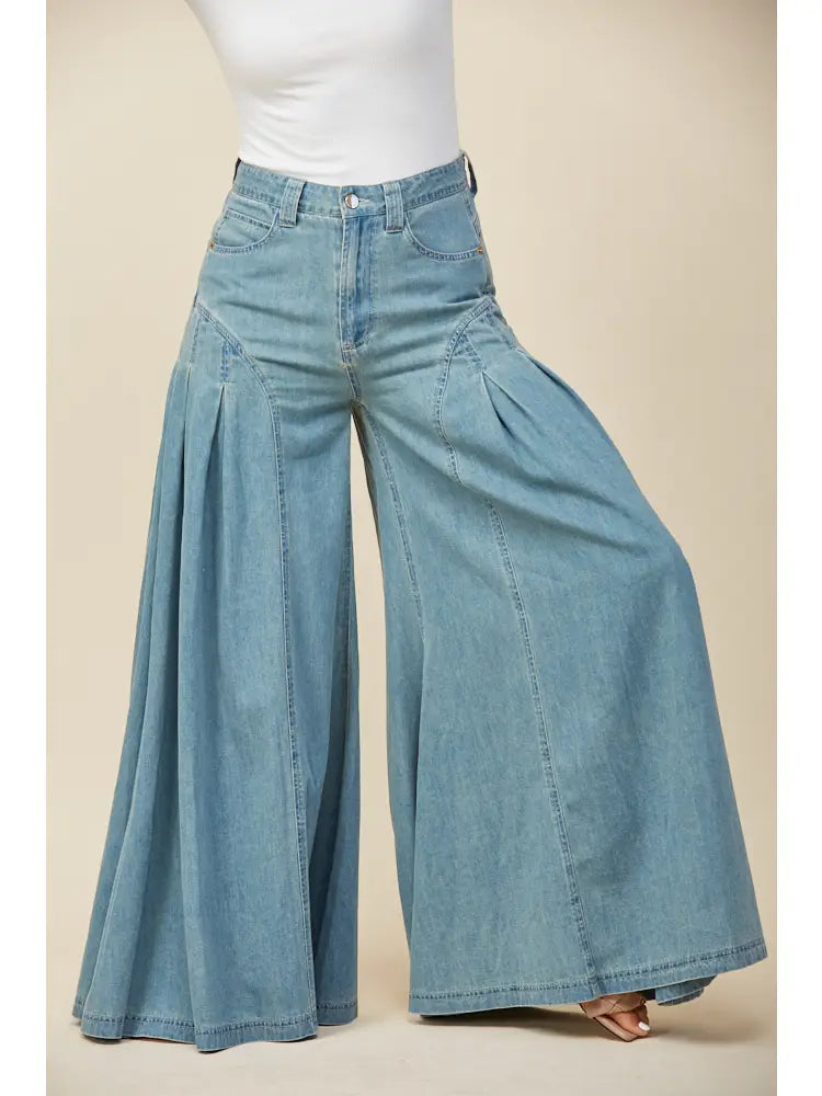 Boho Pleated Wide-Leg Denim Palazzo Pants