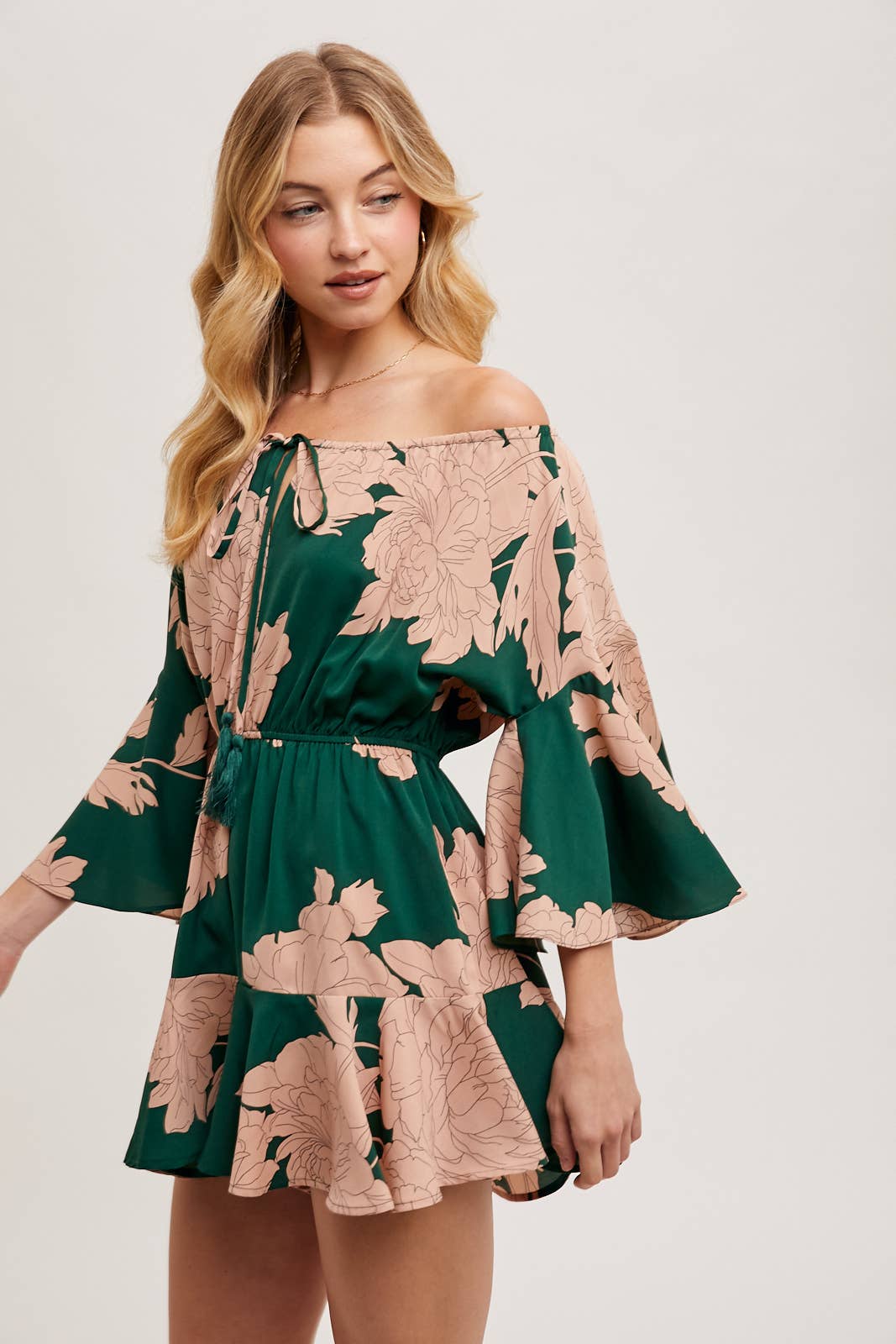 Floral Print Off-the-Shoulder Bell Sleeved Romper