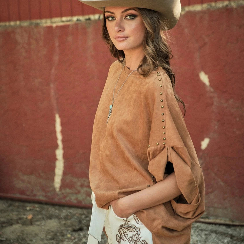 Oversized Suede-Look Tee with Side Studs