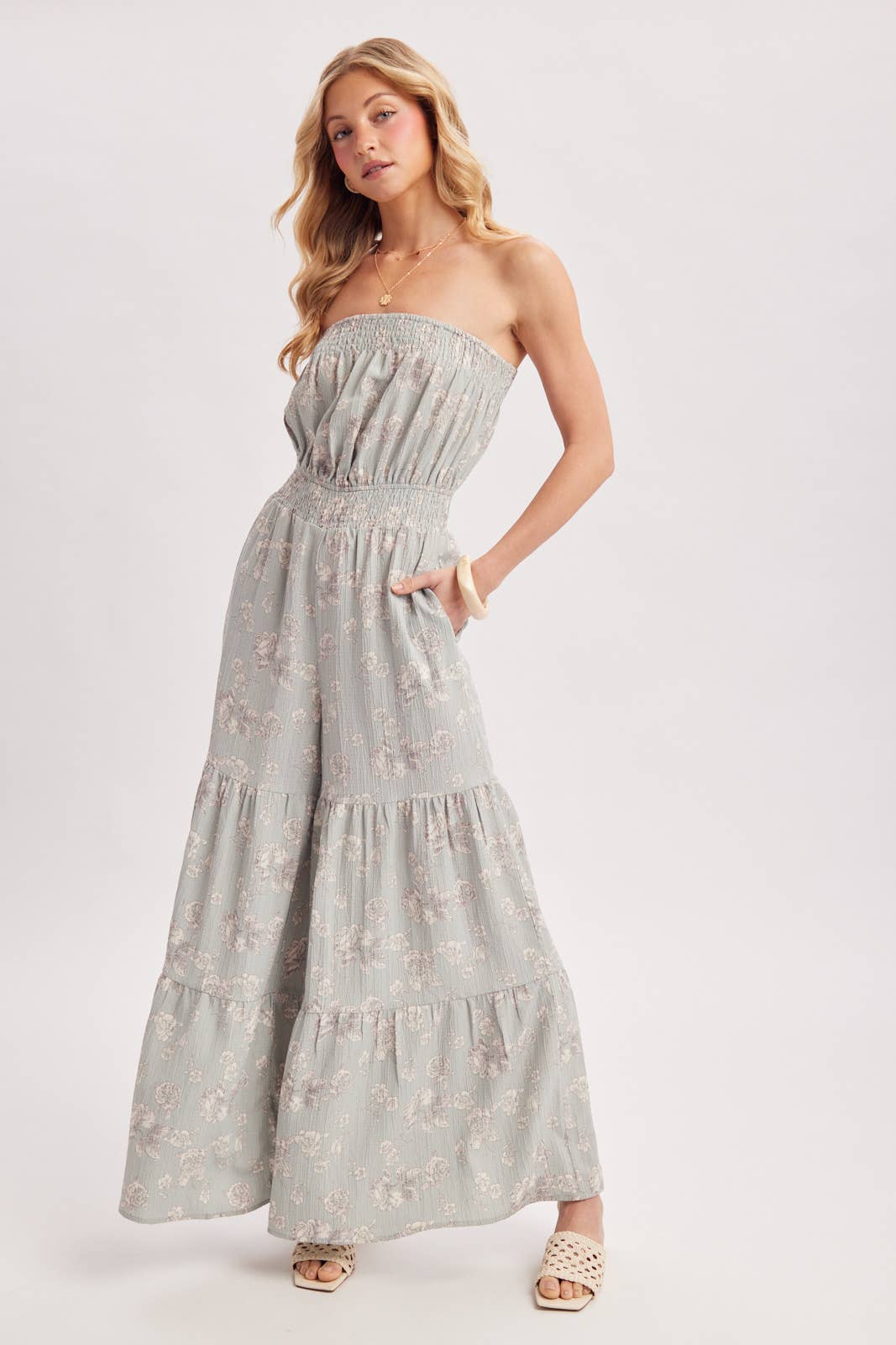 FLORAL PRINT SMOCKED TUBE TOP JUMPSUIT