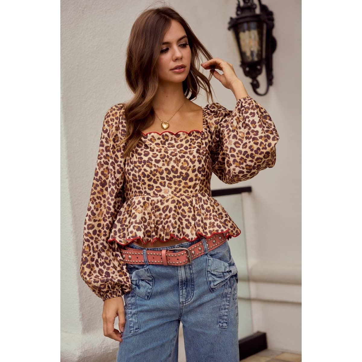 Luxe Leopard Wave Embroidered Sleeve Blouse