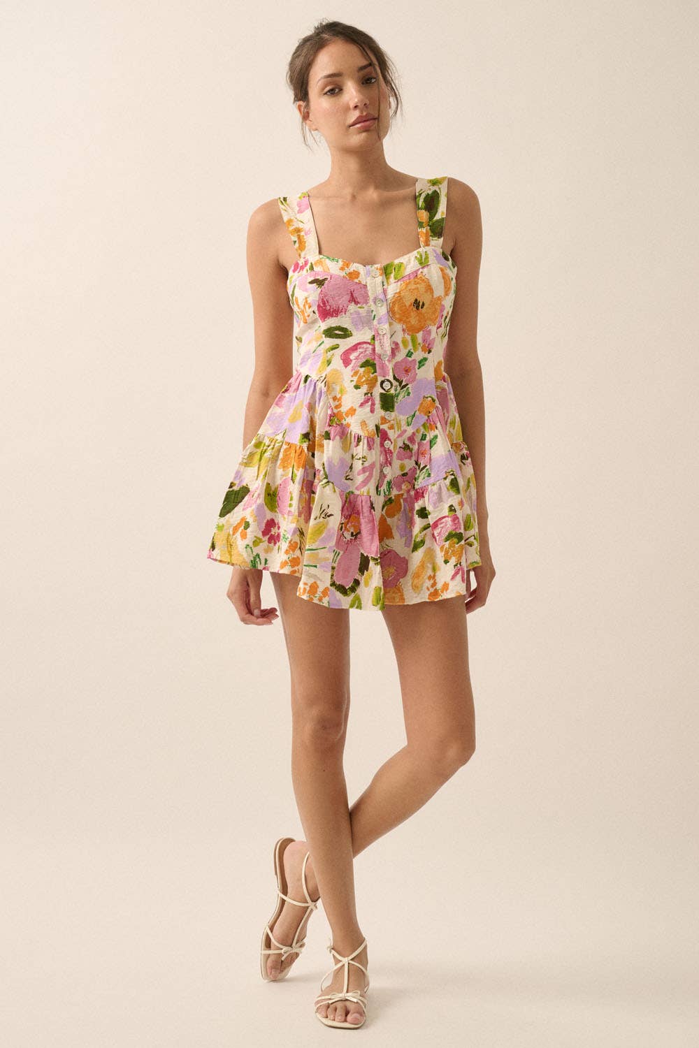 Textured Floral Fit-and-Flare Mini Romper Dress