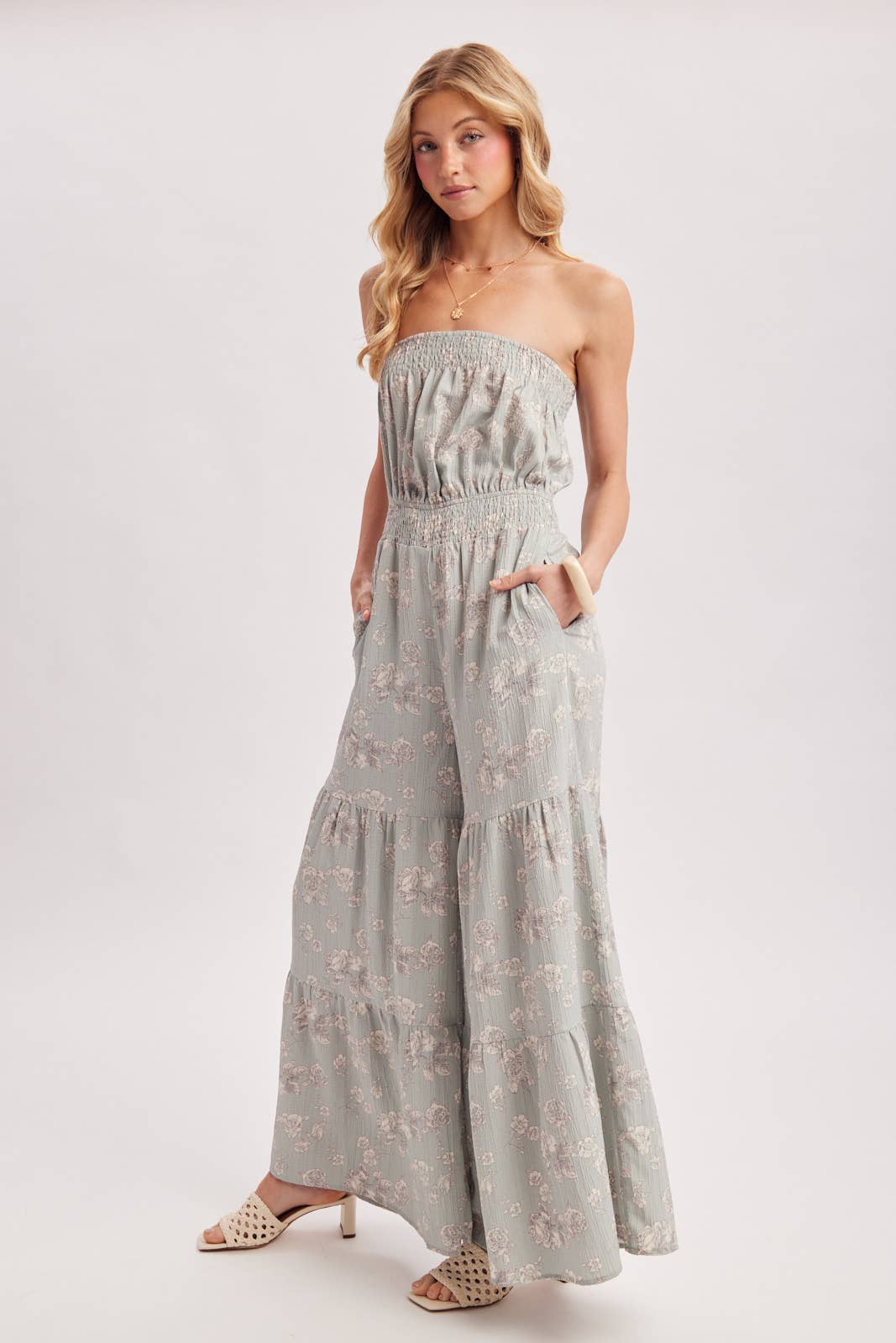 FLORAL PRINT SMOCKED TUBE TOP JUMPSUIT