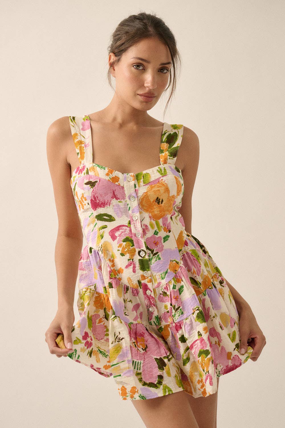 Textured Floral Fit-and-Flare Mini Romper Dress