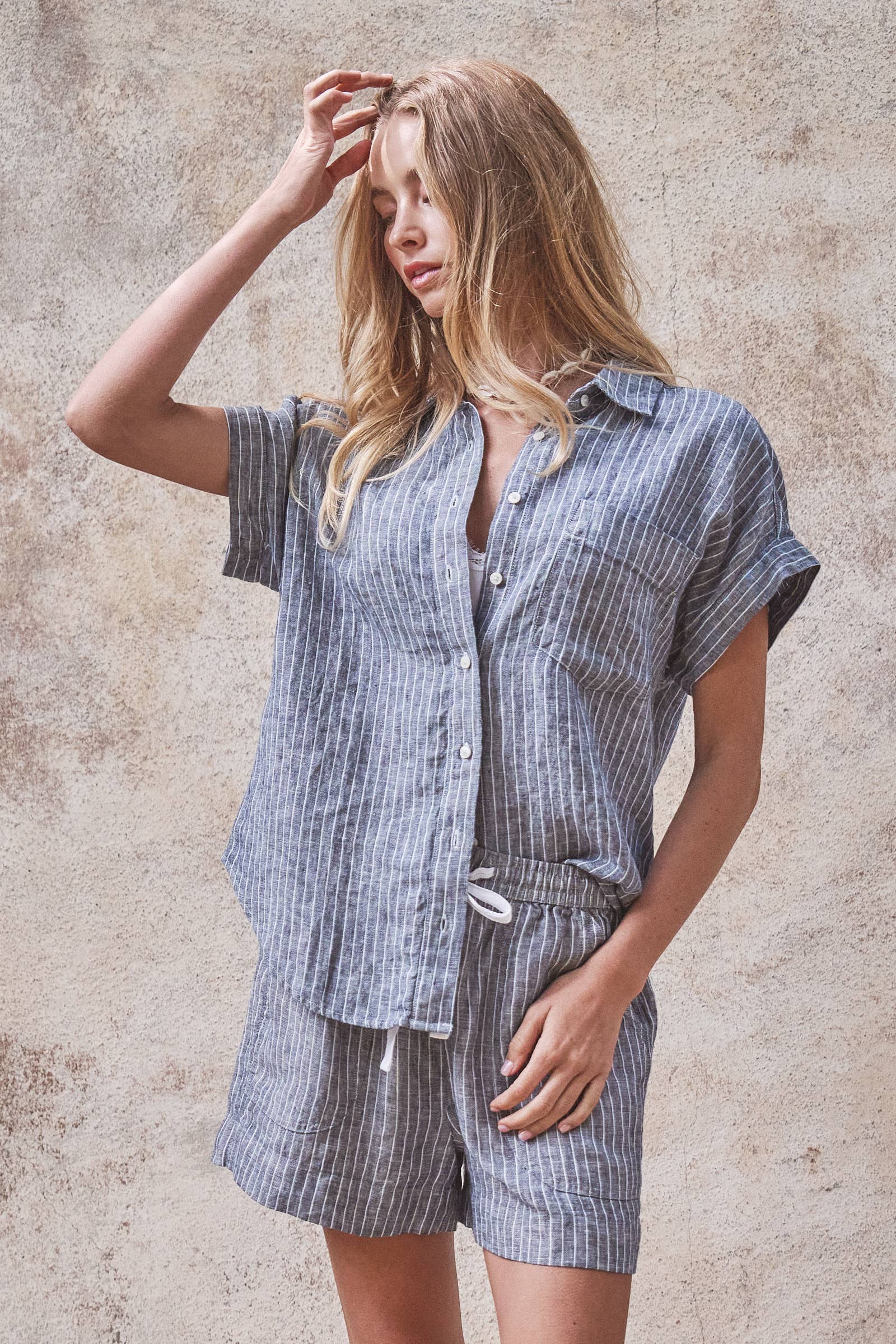 Striped Linen Short Sleeve Button-Down Shirt