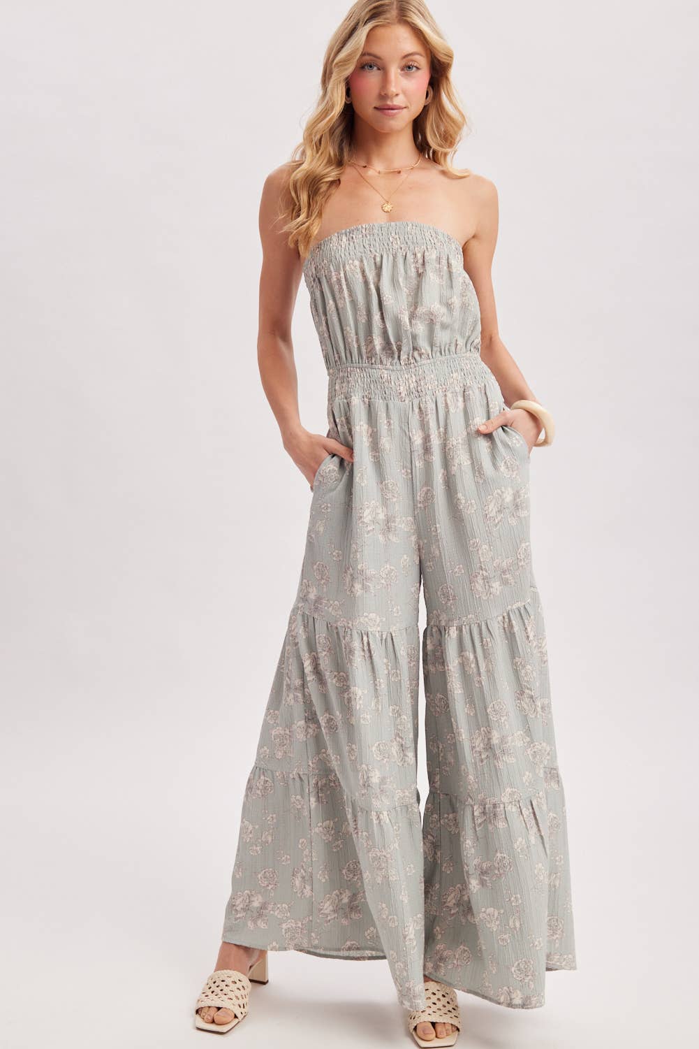 FLORAL PRINT SMOCKED TUBE TOP JUMPSUIT
