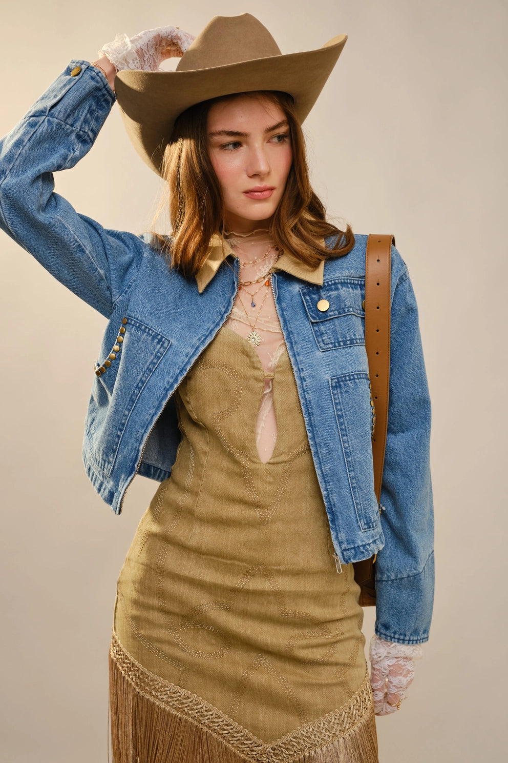 Stud Trimmed Cropped Denim Jacket