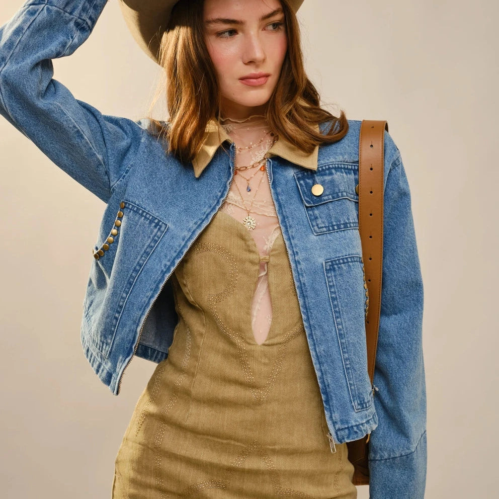 Stud Trimmed Cropped Denim Jacket