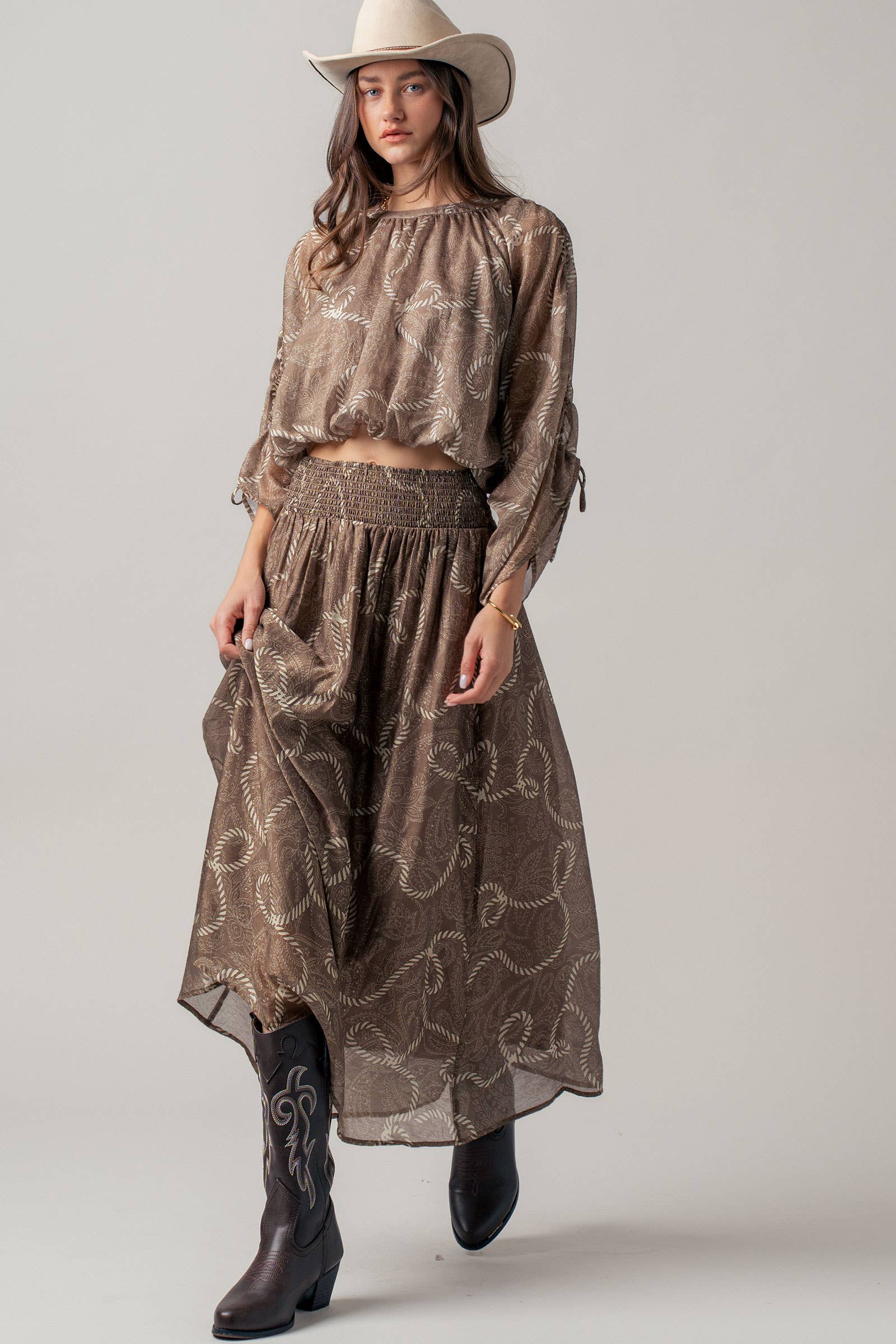 Rope Print Ruched Sleeve Blouse