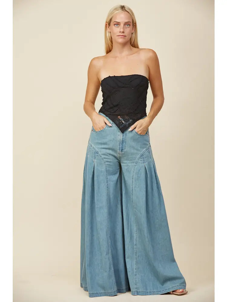 Boho Pleated Wide-Leg Denim Palazzo Pants