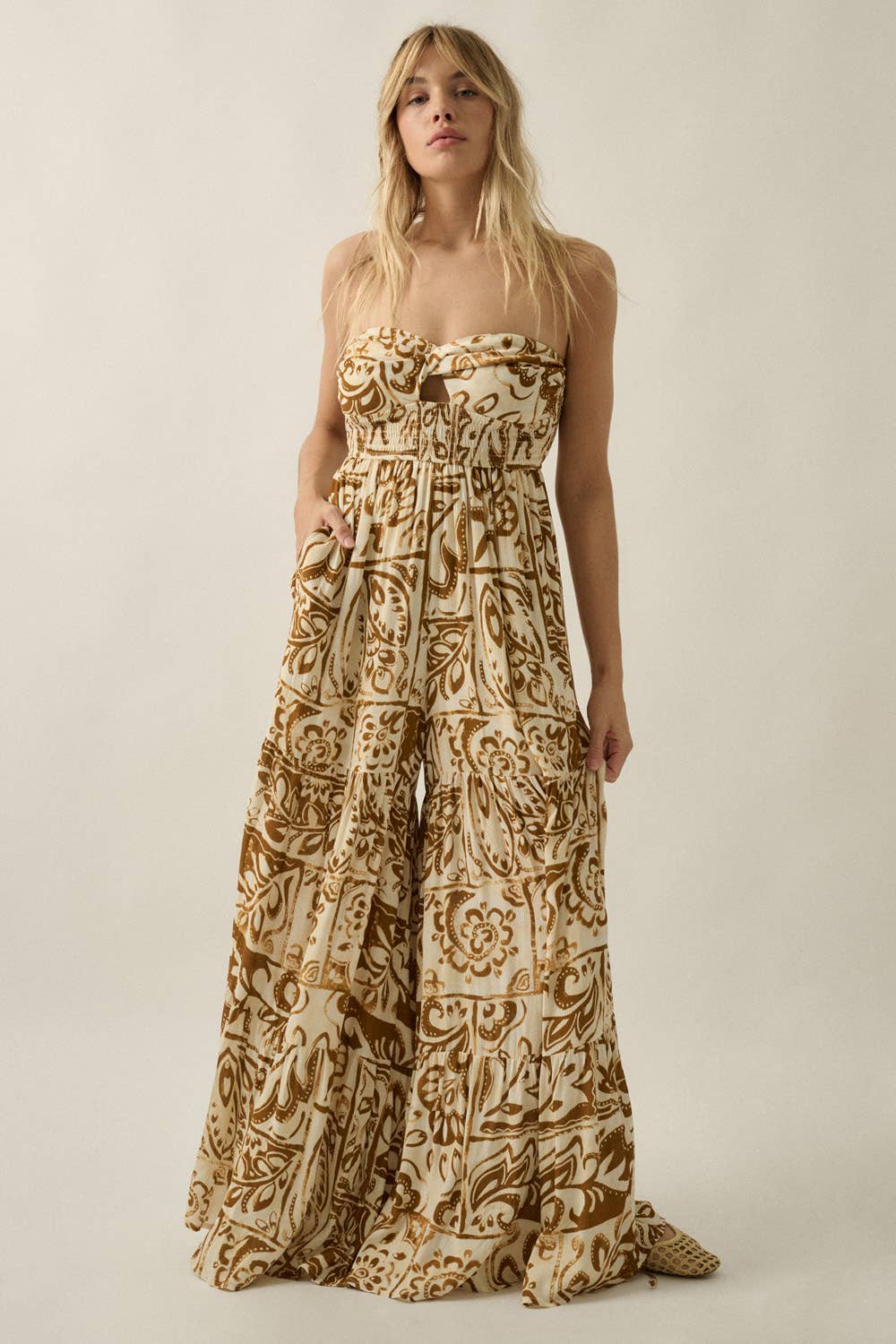 Floral-Print Crepe Strapless Wide-Leg Tiered Jumpsuit