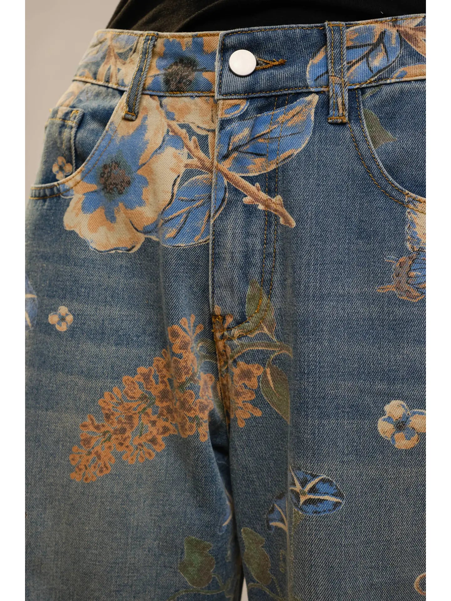 High Rise Wide Leg Jeans - Floral & Butterfly Print