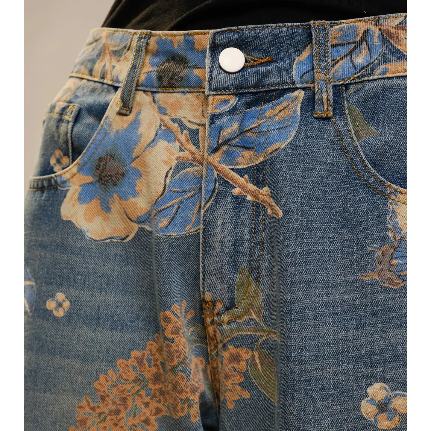 High Rise Wide Leg Jeans - Floral & Butterfly Print
