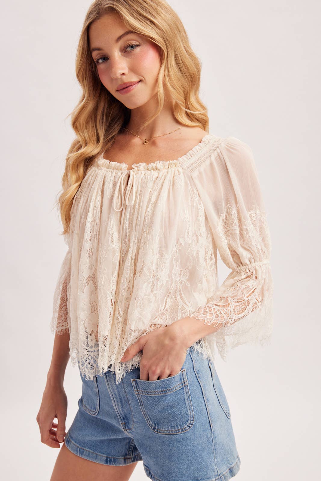 WIDE NECK RUFFLED EYELASH LACE BLOUSE
